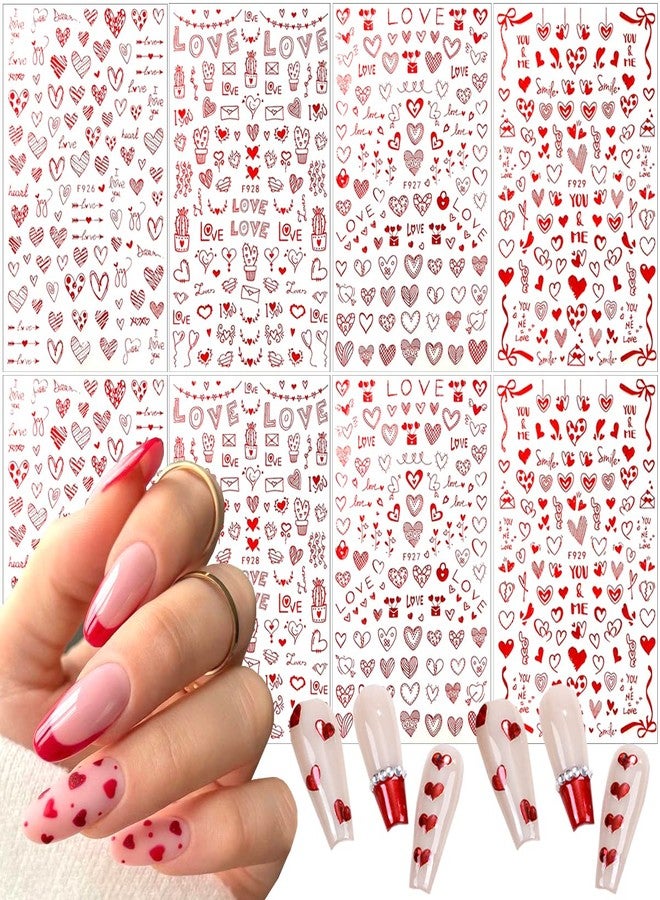 BSBTBZ 8 Sheets Heart Nail Art Stickers - Love Hearts Nail Decals for Women 3D Self Adhesive Valentine’s Day Nail Art Supplies Laser Red Heart Glitter Designs for Valentine’s Romantic DIY Manicure Decoration - Image 1